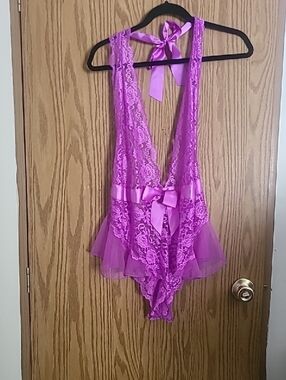 Lace Halter Teddy with Bow in Fuchsia Pink